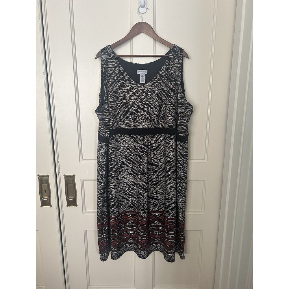 Catherines Geometric Midi Shift Dress Womens Size 4X Black Tan Classic Stretch